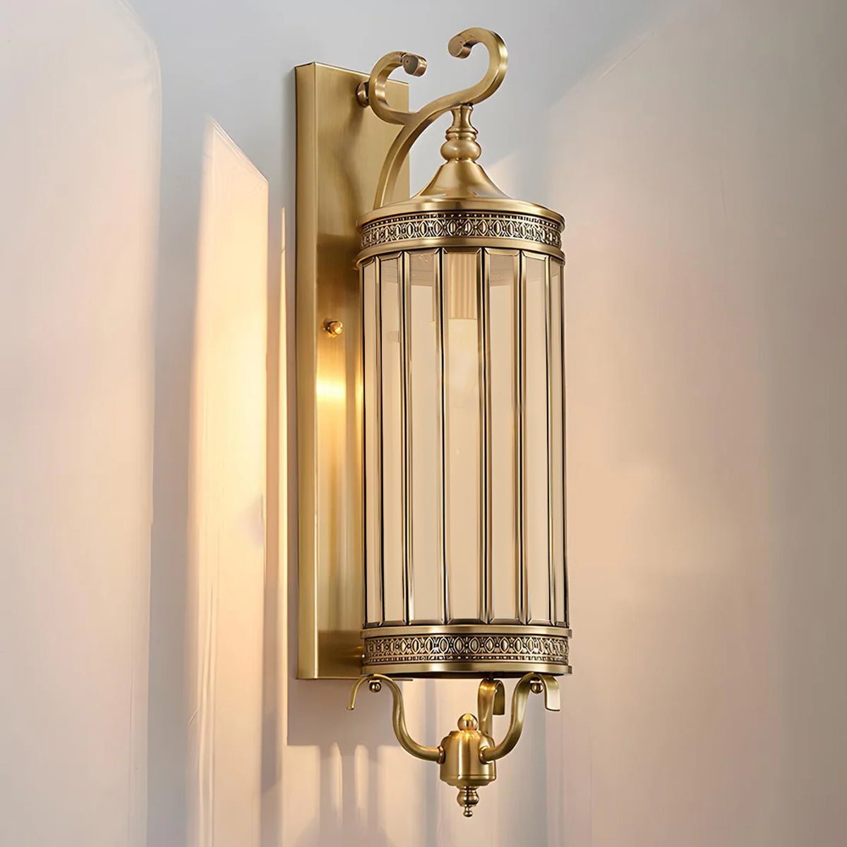 Regent Column Lantern Wall Sconce - Vintage Brass Glass Outdoor Porch Entryway Wall Light Fixture