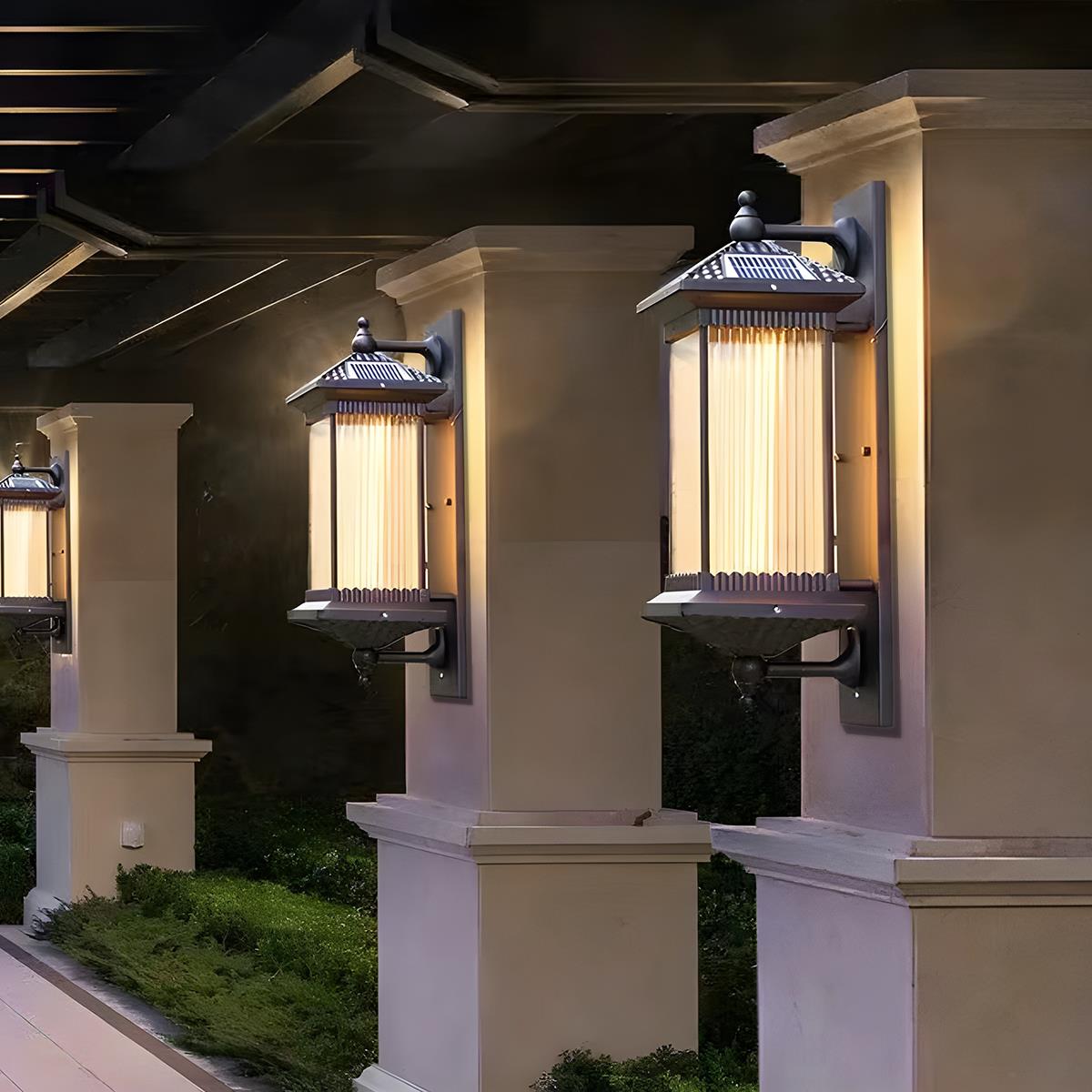 Striped Glass Solar Outdoor Wall Lamp with Warm Ambient Illumination – Waterproof Decorative Exterior Light