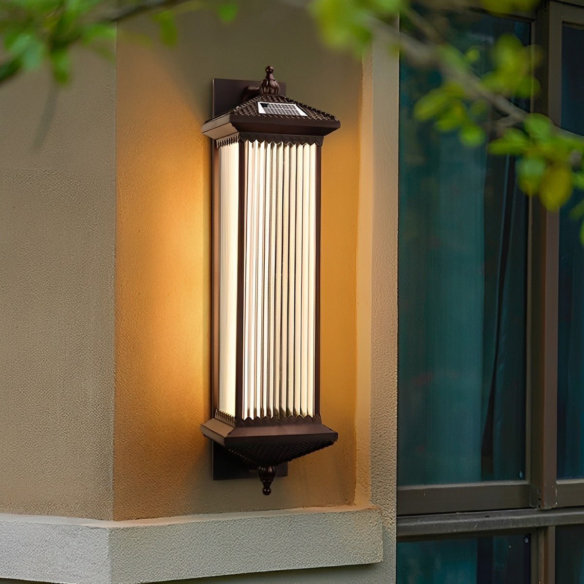 Striped Glass Solar Outdoor Wall Lamp with Warm Ambient Illumination – Waterproof Decorative Exterior Light