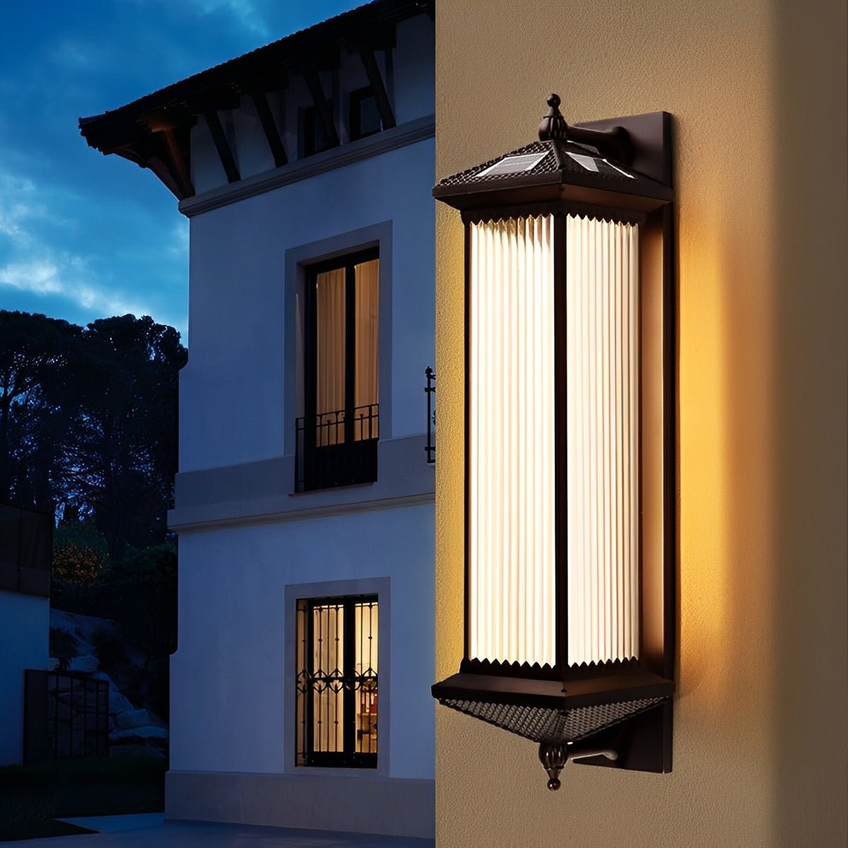 Striped Glass Solar Outdoor Wall Lamp with Warm Ambient Illumination – Waterproof Decorative Exterior Light