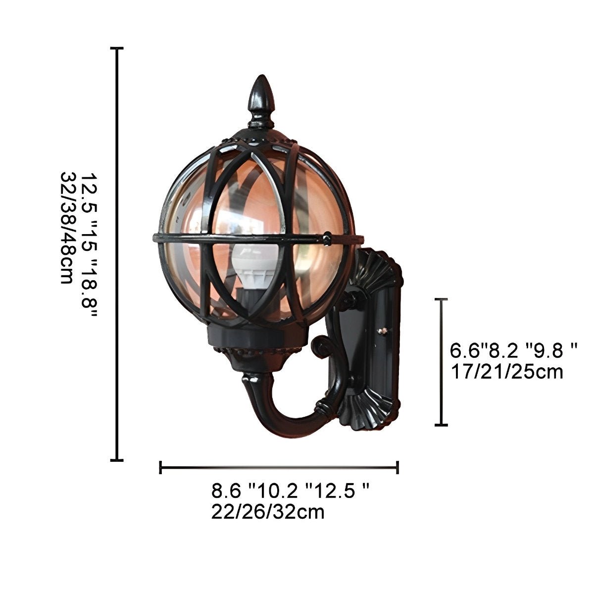 Heritage Globe Lantern Wall Sconce - Vintage Black Glass Outdoor Porch Entryway Wall Light Fixture