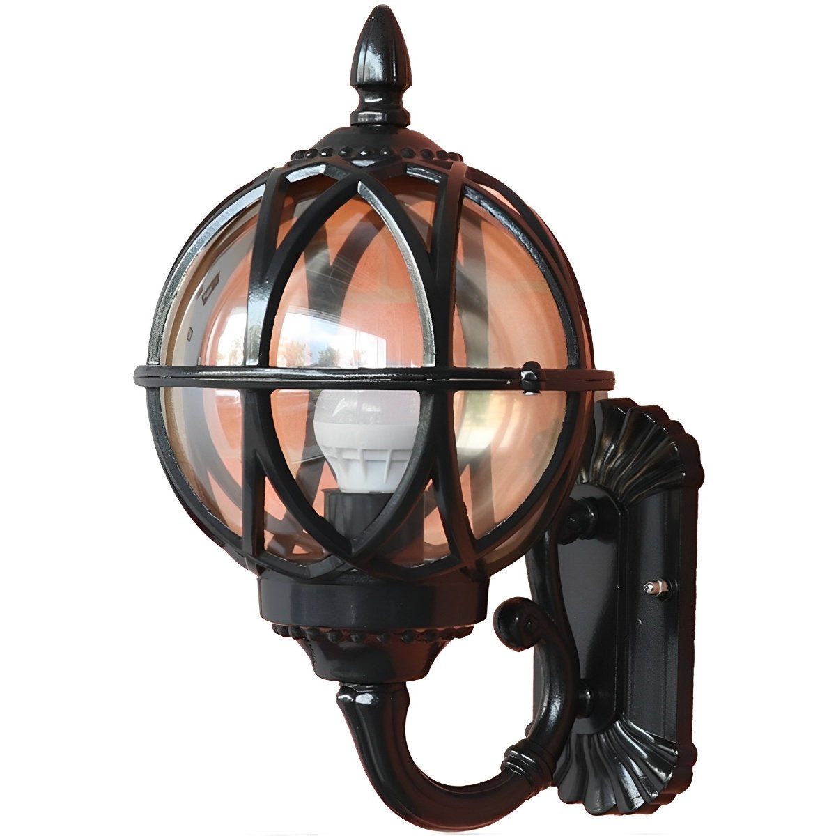 Heritage Globe Lantern Wall Sconce - Vintage Black Glass Outdoor Porch Entryway Wall Light Fixture