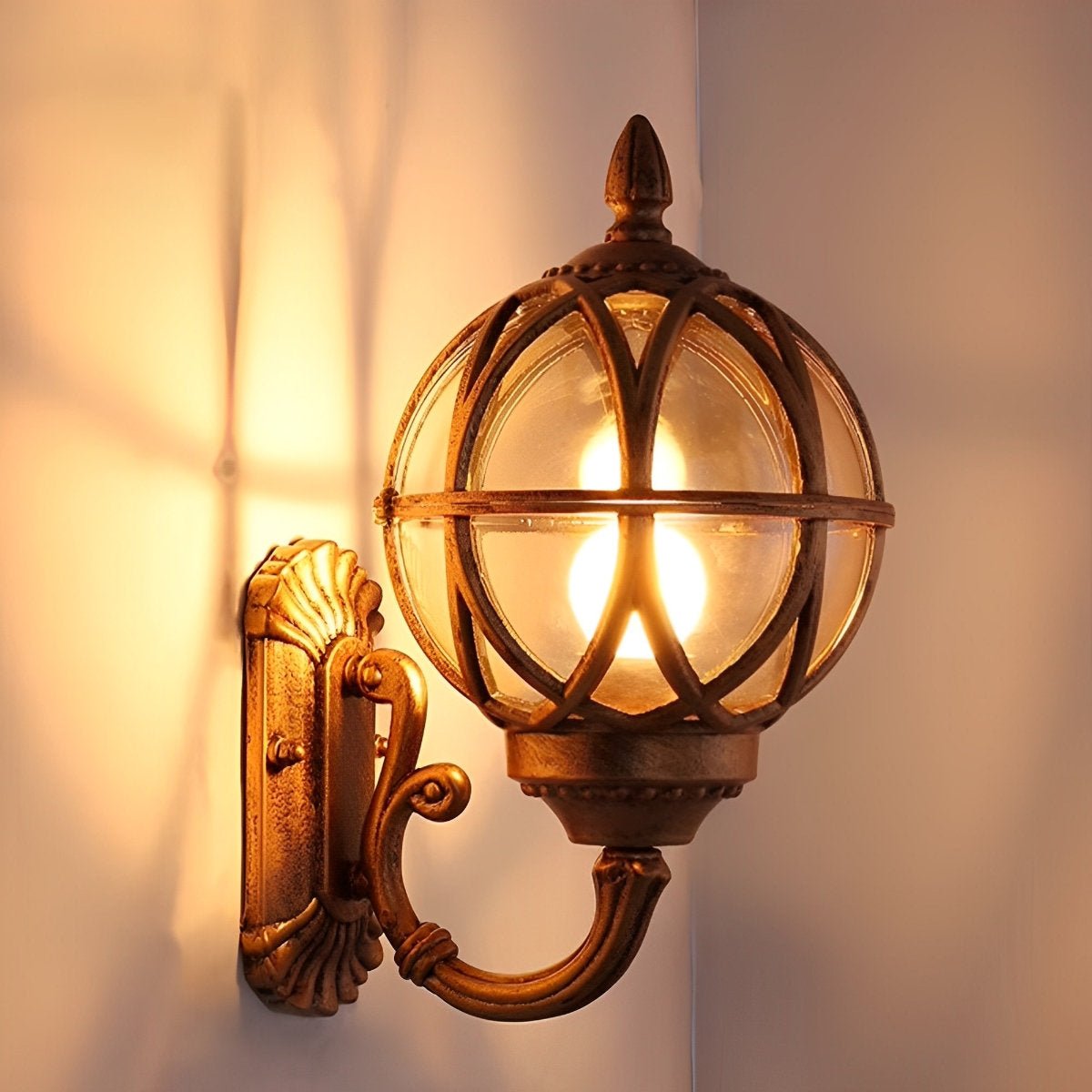 Heritage Globe Lantern Wall Sconce - Vintage Black Glass Outdoor Porch Entryway Wall Light Fixture